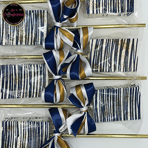 Blue, white and gold rice krispie treats with blue, white, and gold bows